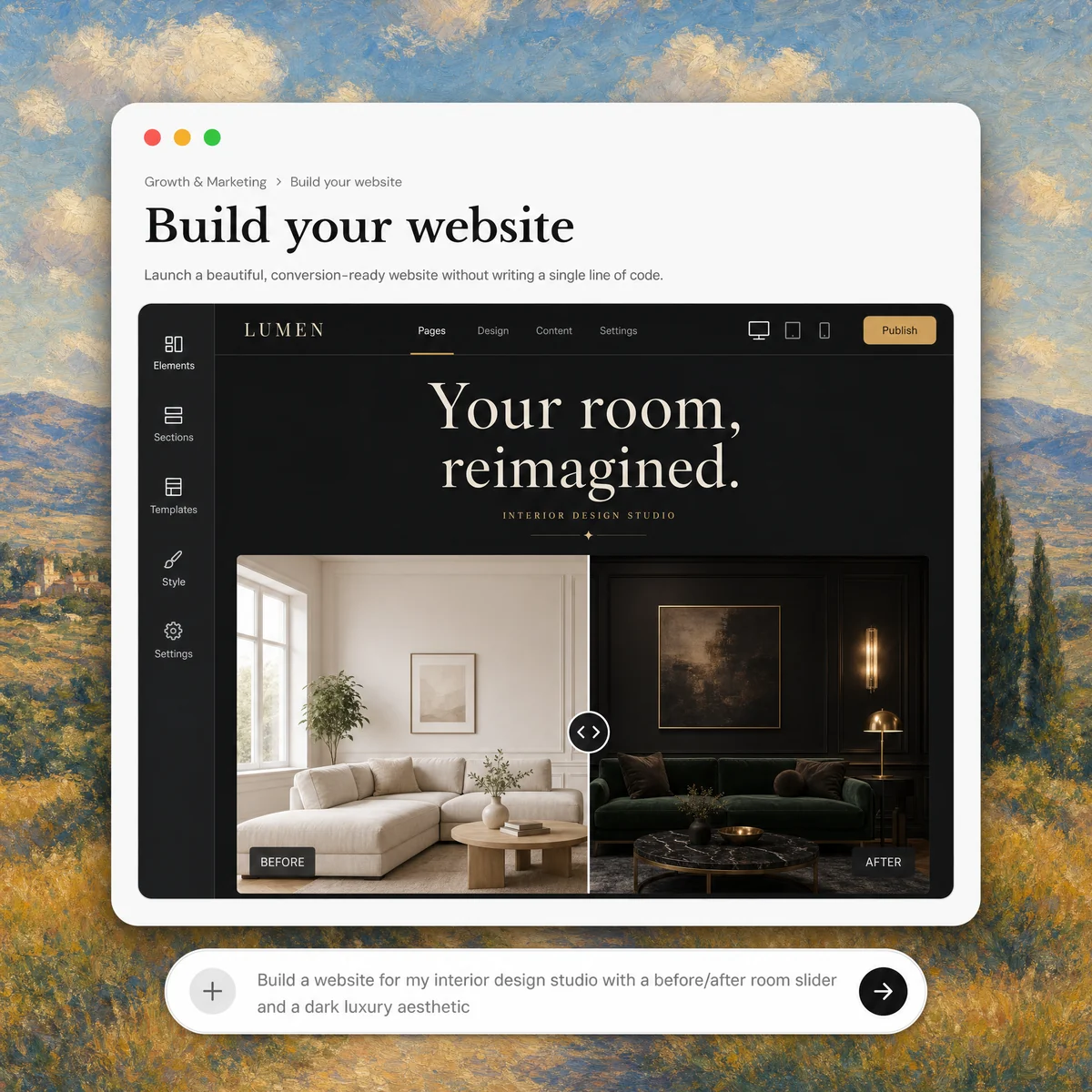 Manus website builder interface showing a no-code interior design studio template